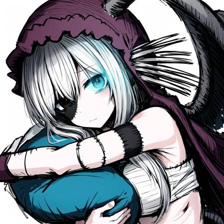 04032-653806740-best quality, official art, official artstyle, game cg, 1girl, jabberwock, hugging a pillow, bandages, muscular, nice hands.png